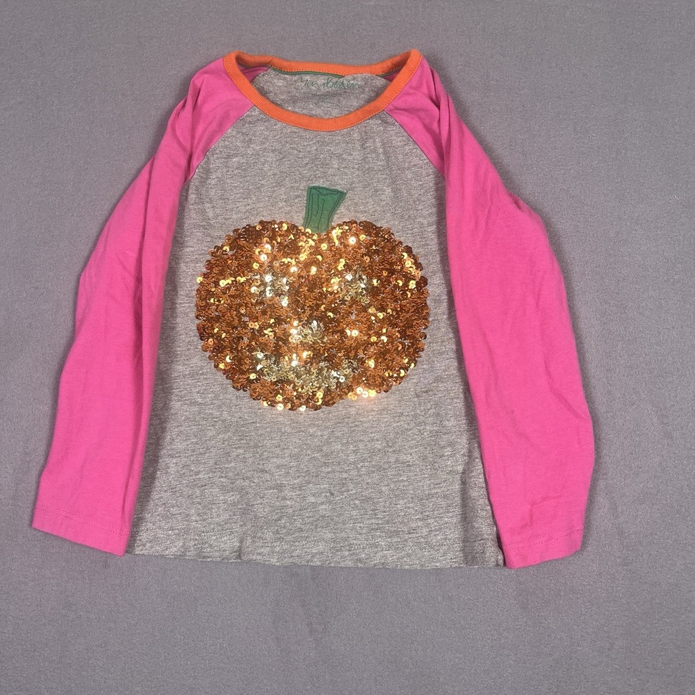 Mini Boden Pumpkin Shirt Girls 5/6 Grey Halloween Sequined Long Sleeve Top